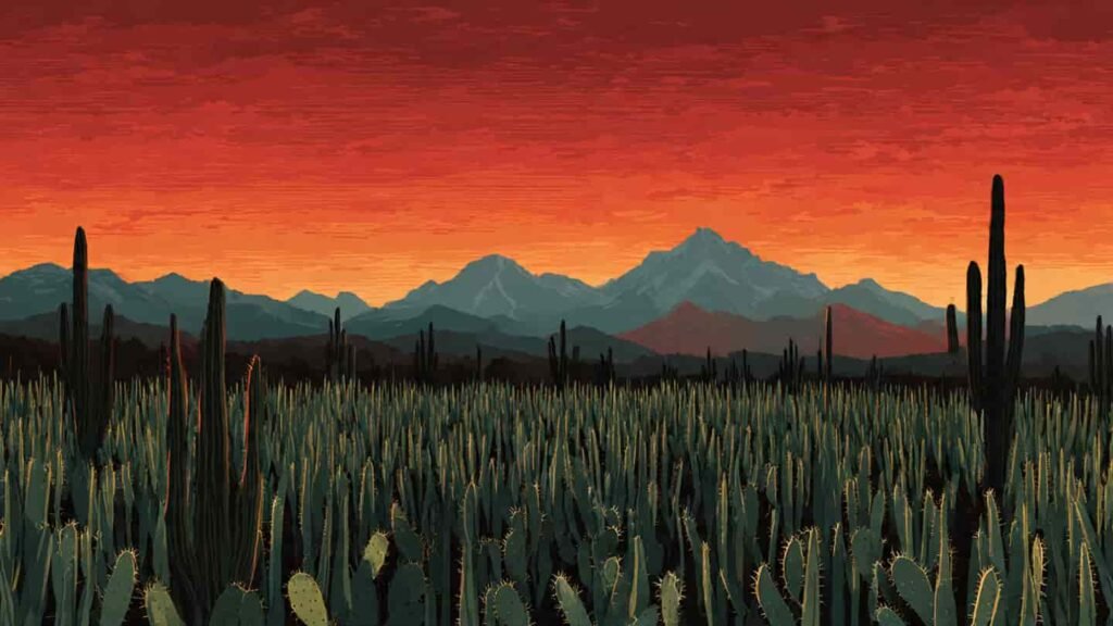 field of cactus with sunset